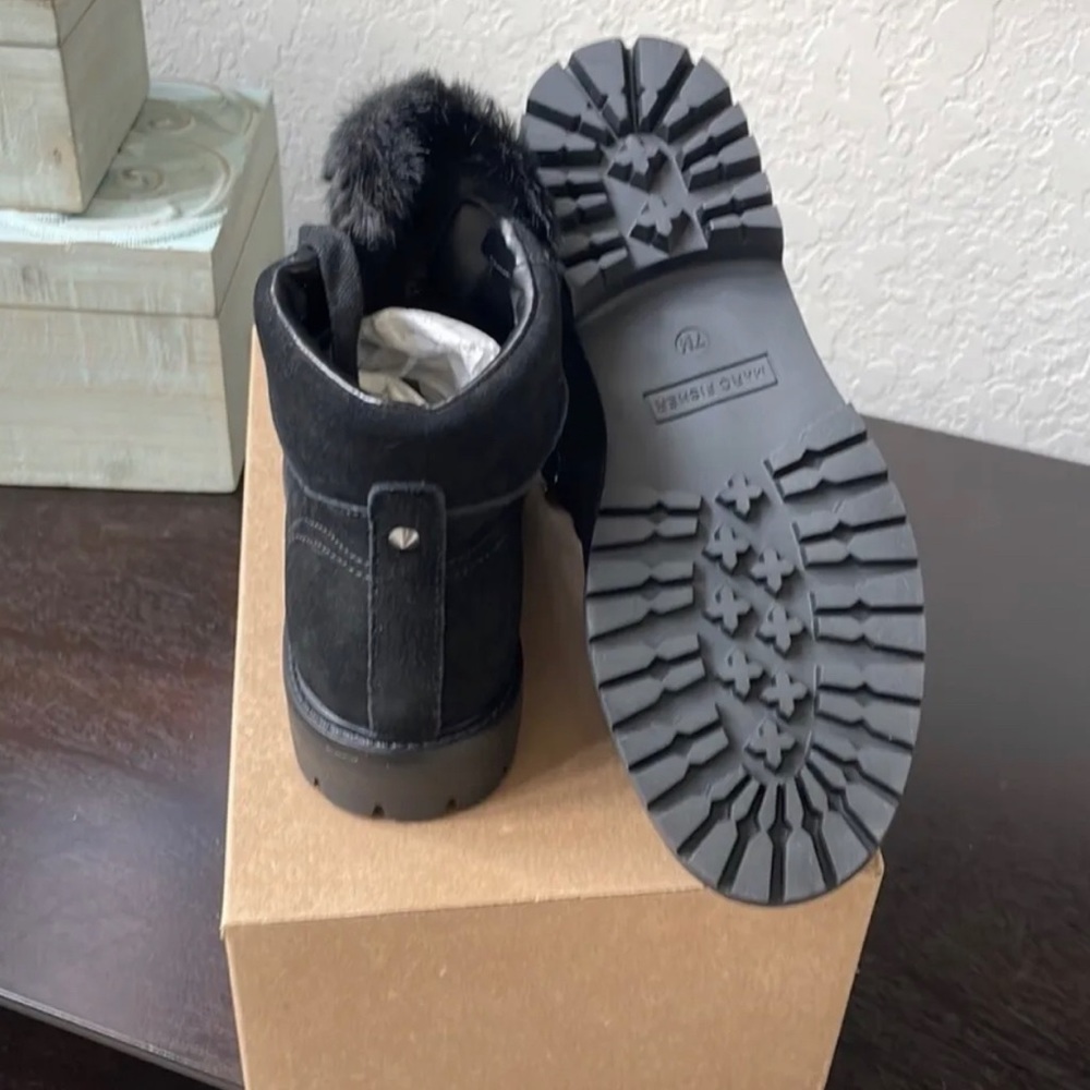 Marc Fisher Black Suede Faux Fur Trim Lace Up Ankle Boots Hobson Size 7 NEW - Picture 5 of 7